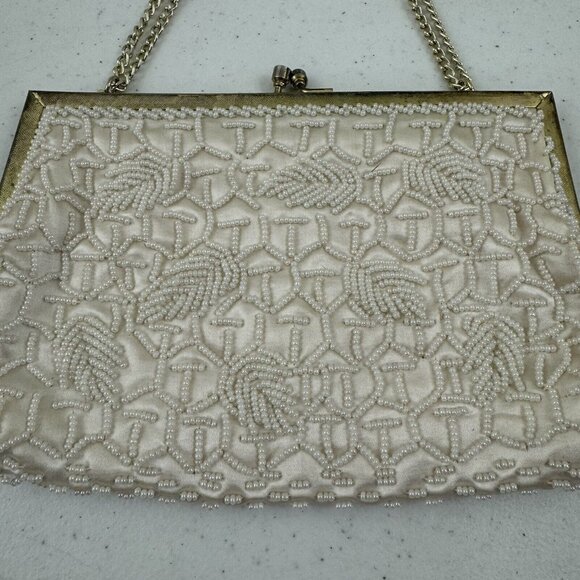 Vtg Mister Ernest Handbag Purse Clutch White Beaded Gold Clasp Gold Chain Prom - Picture 6 of 16